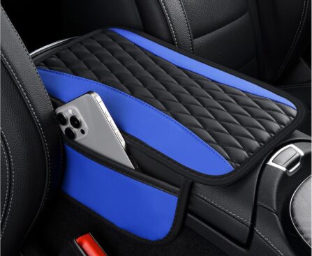 Patchwork Leather Center Console Covers for Cars,Upgraded Arm Rest Cover for Car with Side Storage Pocket for Car Seat Organizer,Middle Console Cover Stylish Car Decoration (Blue)