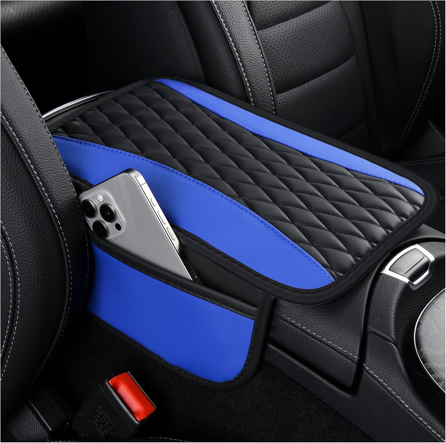 Patchwork Leather Center Console Covers for Cars,Upgraded Arm Rest Cover for Car with Side Storage Pocket for Car Seat Organizer,Middle Console Cover Stylish Car Decoration (Blue)