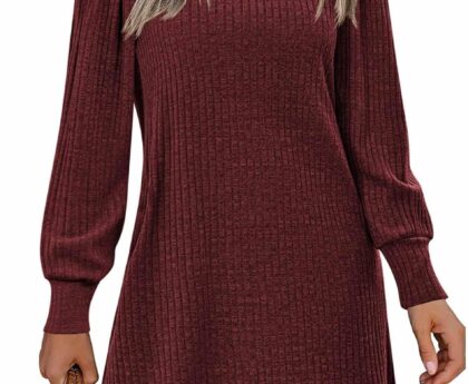 Zeagoo Women’s Knit Dress with Puff Sleeves for Fall & Winter – Round Neck Casual Tunic Dress