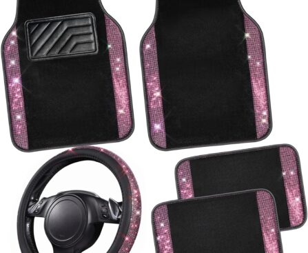 CAR PASS Bling Diamond Leather Steering Wheel Cover 14.5in-15in Floor Mats Shining Rhinestone Carpet Sparkly Glitter Crystal Anti-Slip Pad Fit Automotive SUV Pickup Truck Girl Women, 5pcs Black Pink