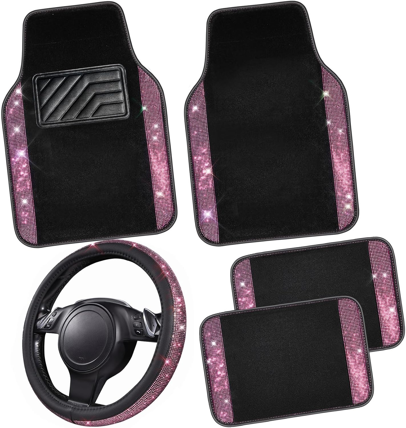 CAR PASS Bling Diamond Leather Steering Wheel Cover 14.5in-15in Floor Mats Shining Rhinestone Carpet Sparkly Glitter Crystal Anti-Slip Pad Fit Automotive SUV Pickup Truck Girl Women, 5pcs Black Pink