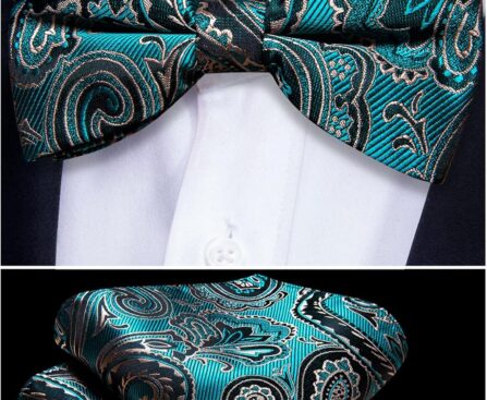 Barry.Wang Paisley Striped Bow Tie for Men Silk Pre-Tied Bowtie Pocket Square Cufflinks Set Formal Wedding Party Prom