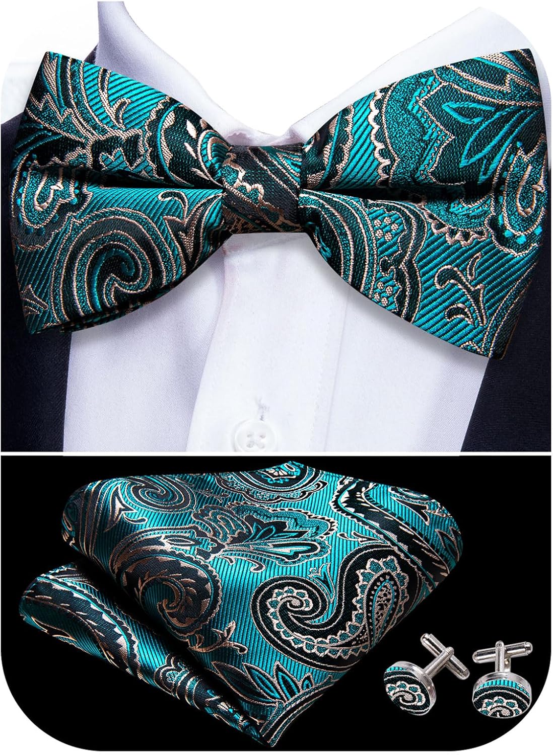 Barry.Wang Paisley Striped Bow Tie for Men Silk Pre-Tied Bowtie Pocket Square Cufflinks Set Formal Wedding Party Prom