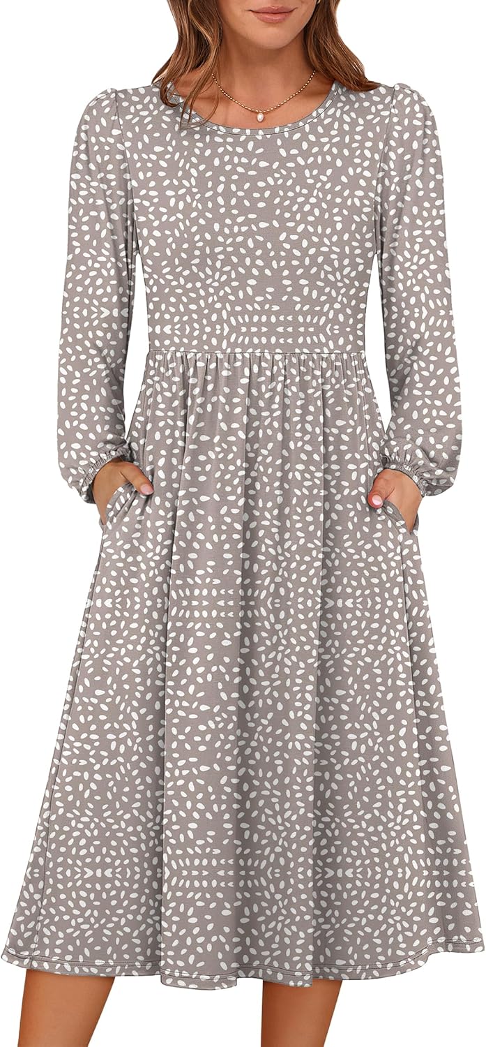 ANRABESS Women Long Sleeve Midi Dress Crewneck 2025 Fall Fashion Casual Flowy A-Line Long Dresses Vacation Outfit with Pocket