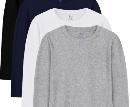 4 Pack Boys Long Sleeve Shirts Soft Cotton Basic Tees Youth Boys Long Sleeve T-Shirts Layering Shirts Tagless