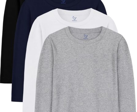 4 Pack Boys Long Sleeve Shirts Soft Cotton Basic Tees Youth Boys Long Sleeve T-Shirts Layering Shirts Tagless