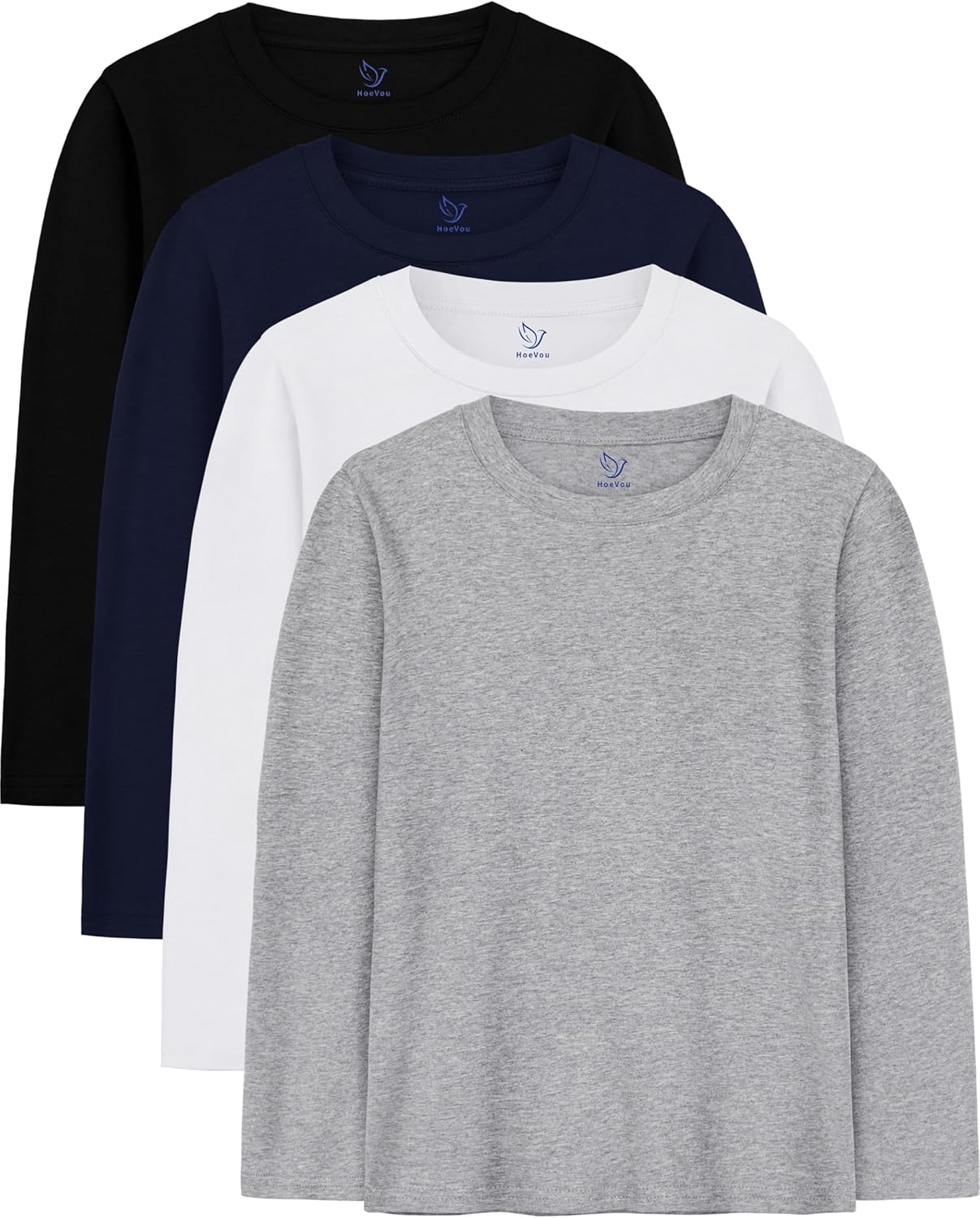 4 Pack Boys Long Sleeve Shirts Soft Cotton Basic Tees Youth Boys Long Sleeve T-Shirts Layering Shirts Tagless