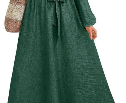 ANRABESS Womens Long Sleeve Dress 2025 Fall Casual Empire Waist A-Line Flowy Maxi Dresses with Pockets Vacation Outfits
