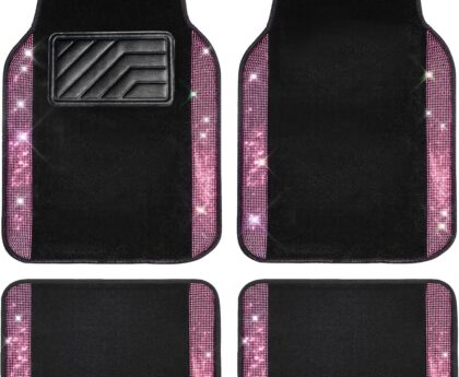 CAR PASS Bling Diamond Car Floor Mat Shining Rhinestones Carpet, Sparkly Glitter Crystal Anti-Slip PVC Heel Pad Automotive Universal Fit for SUV Sedan Car Van, 4pcs for Girl Cute Women, Black Pink