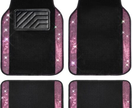 CAR PASS Bling Diamond Car Floor Mat Shining Rhinestones Carpet, Sparkly Glitter Crystal Anti-Slip PVC Heel Pad Automotive Universal Fit for SUV Sedan Car Van, 4pcs for Girl Cute Women, Black Pink