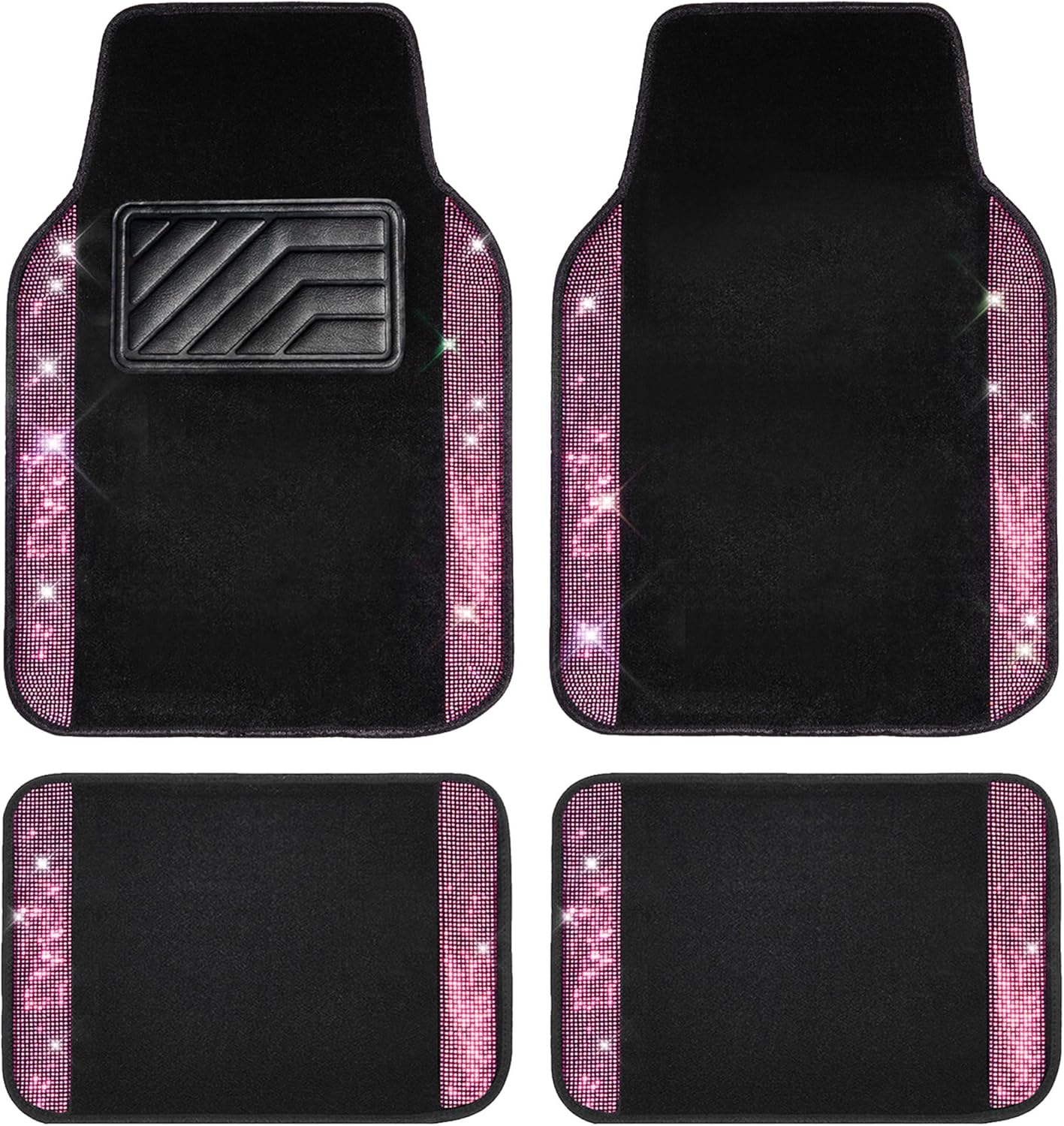 CAR PASS Bling Diamond Car Floor Mat Shining Rhinestones Carpet, Sparkly Glitter Crystal Anti-Slip PVC Heel Pad Automotive Universal Fit for SUV Sedan Car Van, 4pcs for Girl Cute Women, Black Pink