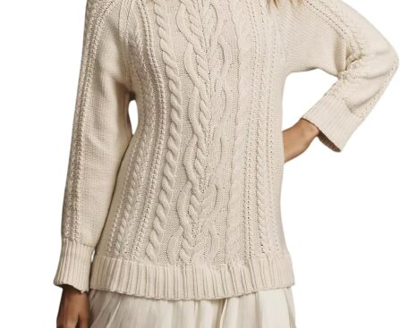 Women Cable Knit Sweater Dress Crewneck Long Sleeve Pleated Mini Dress Twofer Style Patchwork Dress