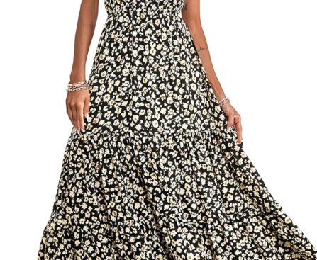 PRETTYGARDEN Women’s Summer Floral One Shoulder Maxi Dress Knot Ruffle Boho Beach Vacation Wedding Guest Long Dresses