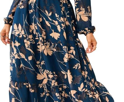 Simplee Women’s Floral Boho Long Sleeve Maxi Dress V Neck Empire Waist Swing Flowy Wedding Guest Dress