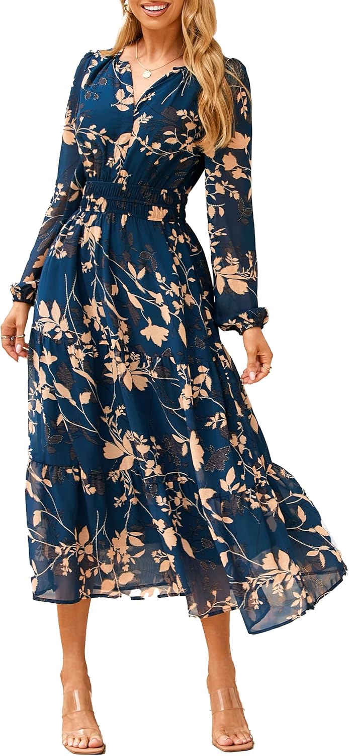 Simplee Women’s Floral Boho Long Sleeve Maxi Dress V Neck Empire Waist Swing Flowy Wedding Guest Dress