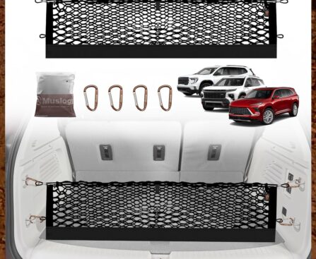 Muslogy Envelope Style Trunk Cargo Net Compatible with 2024 2025 GMC Acadia & Chevy Traverse & 2025 Buick Enclave Accessories Upgraded Mesh Storage Luggage Net with Metal Hooks