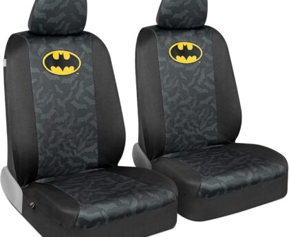 BDK Warner Bros DC Comics Batman Front Seat Covers & Seat Belt Pads – Universal Fit for Trucks SUVs Vans Sedans Car Accessories Matching Set Gift Ideas, Superhero Bat-Signal Dark Knight Seat Protector
