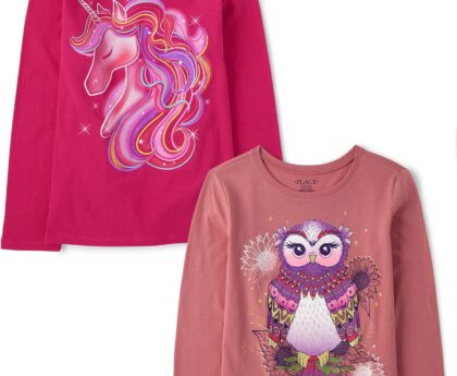 The Children’s Place Girls’ Unicorns,Sports,Butterflies Long Sleeve Graphic T-Shirts,2 Pack