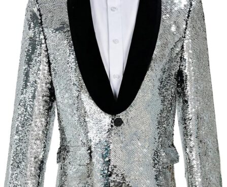 Men’s Shiny Sequin Blazer Sparkle Metallic Tuxedo Jacket Party Prom Wedding One Button Jacket
