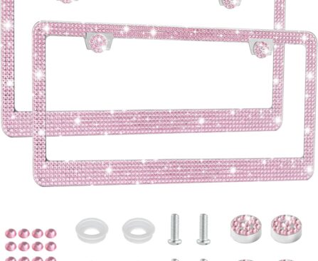 Amiss Bling License Plate Frame for Women, 2Pack Rhinestone Handcrafted Crystal Premium Stainless Steel, Stainless Steel Car Accessories with Diamond Sparkle Glitter Caps (Pink)