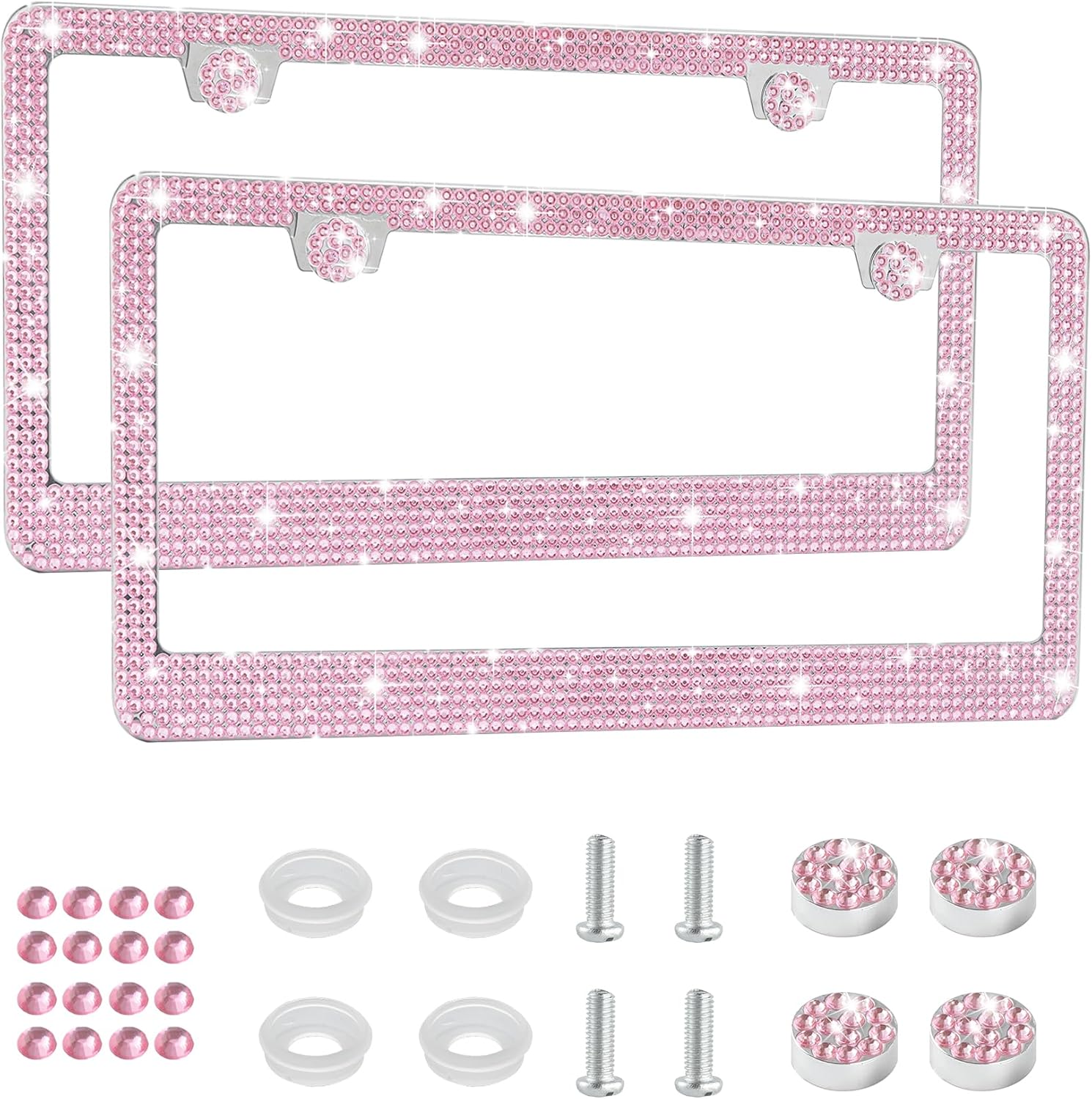 Amiss Bling License Plate Frame for Women, 2Pack Rhinestone Handcrafted Crystal Premium Stainless Steel, Stainless Steel Car Accessories with Diamond Sparkle Glitter Caps (Pink)