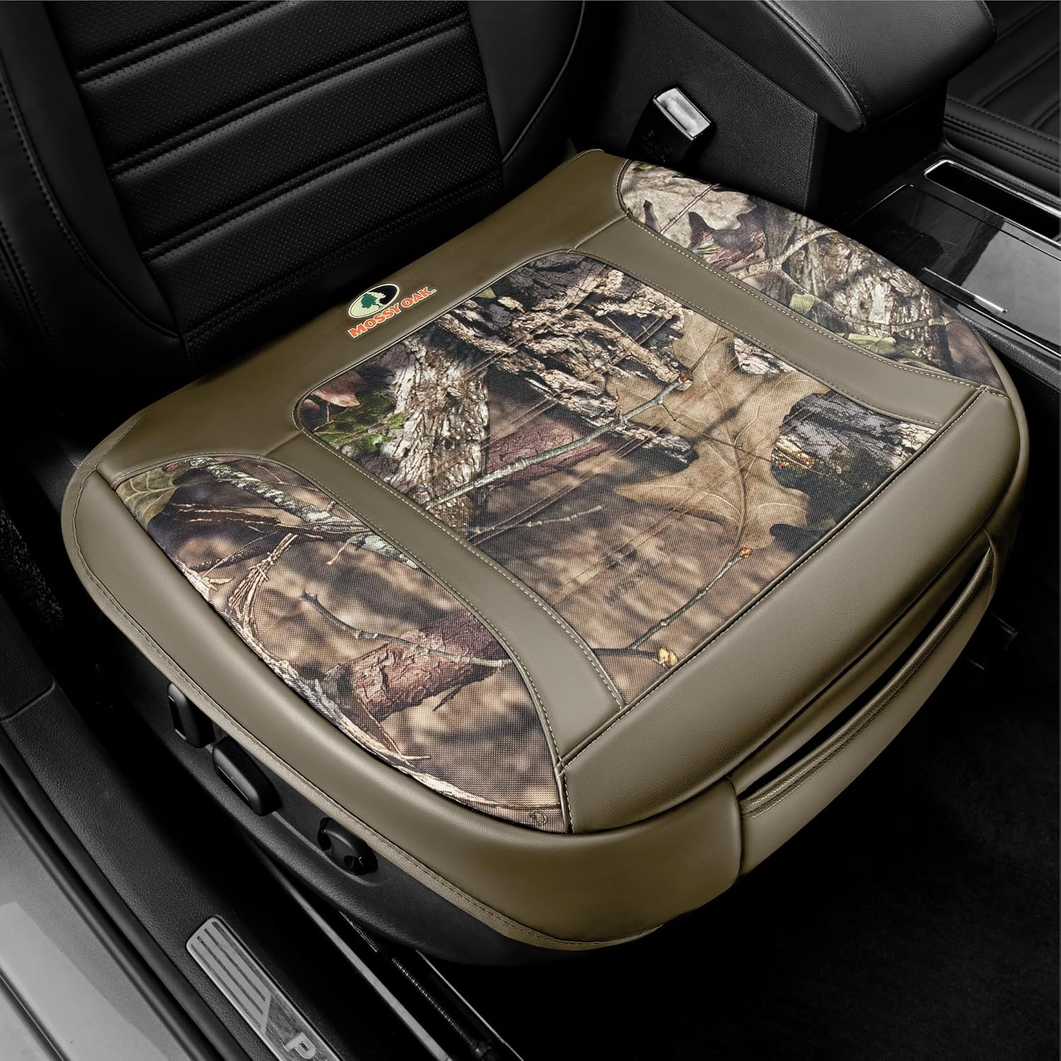 Mossy Oak Car Seat Cover, Luxury Faux Leather Front Bottom Seat Cushion Cover, Universal Anti-Slip with Wrap-Around Design and Storage Bags, Suitable for Most Vehicles – Beige Color 1 Piece