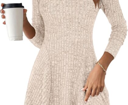 ANRABESS Women Long Sleeve Ribbed Knit Short Dresses 2025 Fall Winter V Neck Casual Swing A Line Sweater Dress
