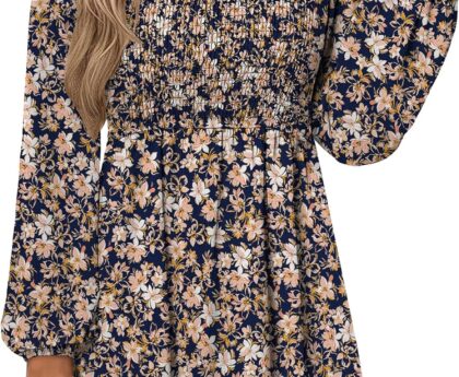 ANRABESS Womens Long Lantern Sleeve Square Neck Dress Smocked Tiered High Waist Ruffle Flowy Swing 2025 Fall Short Dresses