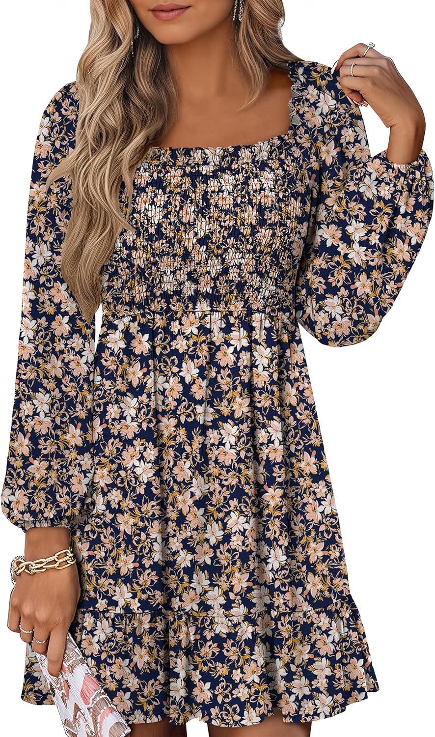 ANRABESS Womens Long Lantern Sleeve Square Neck Dress Smocked Tiered High Waist Ruffle Flowy Swing 2025 Fall Short Dresses