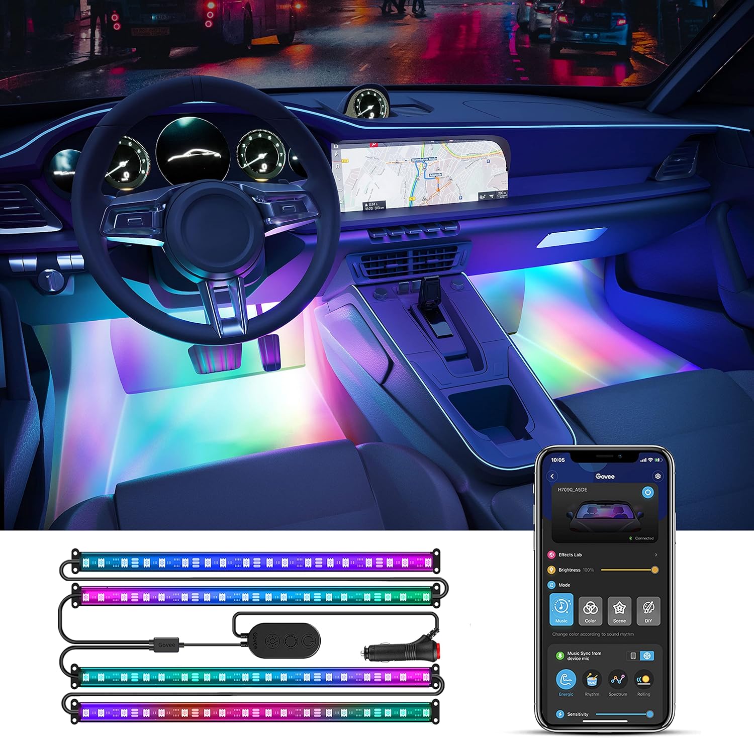 Govee Car LED Strip Lights, Smart RGBIC Interior Car Lights with APP Control, 4 Music Modes and 16 Million Colors, 2 Lines Design LED Lights for Car Decor, DC 12V