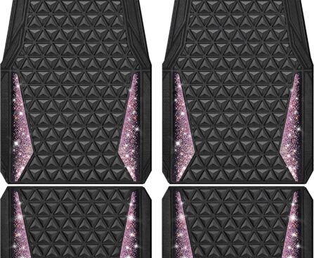 CAR PASS Bling Rubber Car Mats Diamond Floor Mats Full Set Anti-Slip 3D Rhombus Waterproof Universal Trim to Fit Liner Glitter Crystal Sparkly Shining Rhinestone Girl Women SUV Sedan Van, Black Pink