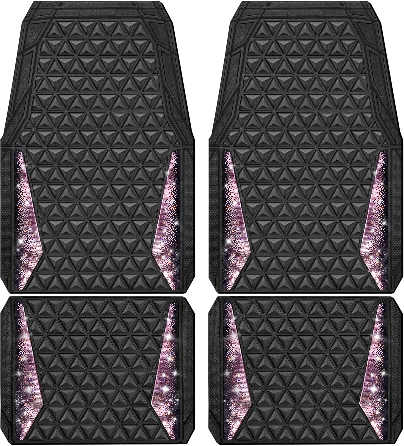 CAR PASS Bling Rubber Car Mats Diamond Floor Mats Full Set Anti-Slip 3D Rhombus Waterproof Universal Trim to Fit Liner Glitter Crystal Sparkly Shining Rhinestone Girl Women SUV Sedan Van, Black Pink