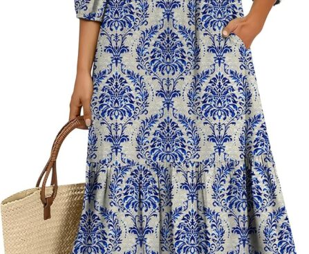 ANRABESS Women Summer Dress 2026 3/4 Puff Sleeve Polo V Neck Floral Print Casual Boho Shirt Maxi Dress Beach Vacation Clothes