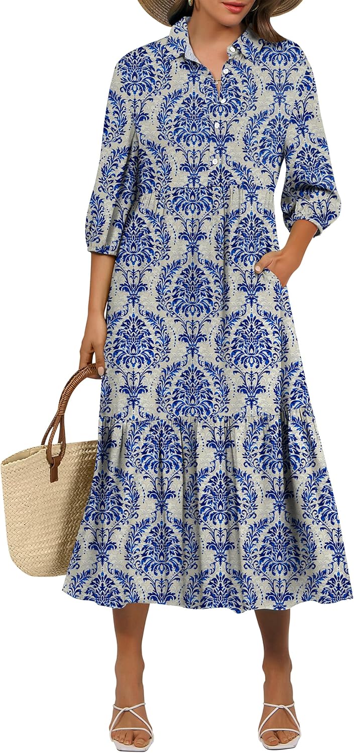 ANRABESS Women Summer Dress 2026 3/4 Puff Sleeve Polo V Neck Floral Print Casual Boho Shirt Maxi Dress Beach Vacation Clothes
