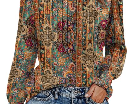 Zeagoo Womens Tops Puff Long Sleeve Shirts Dressy Casual Crew Neck Pleated Summer Fall Work Blouses S-3XL