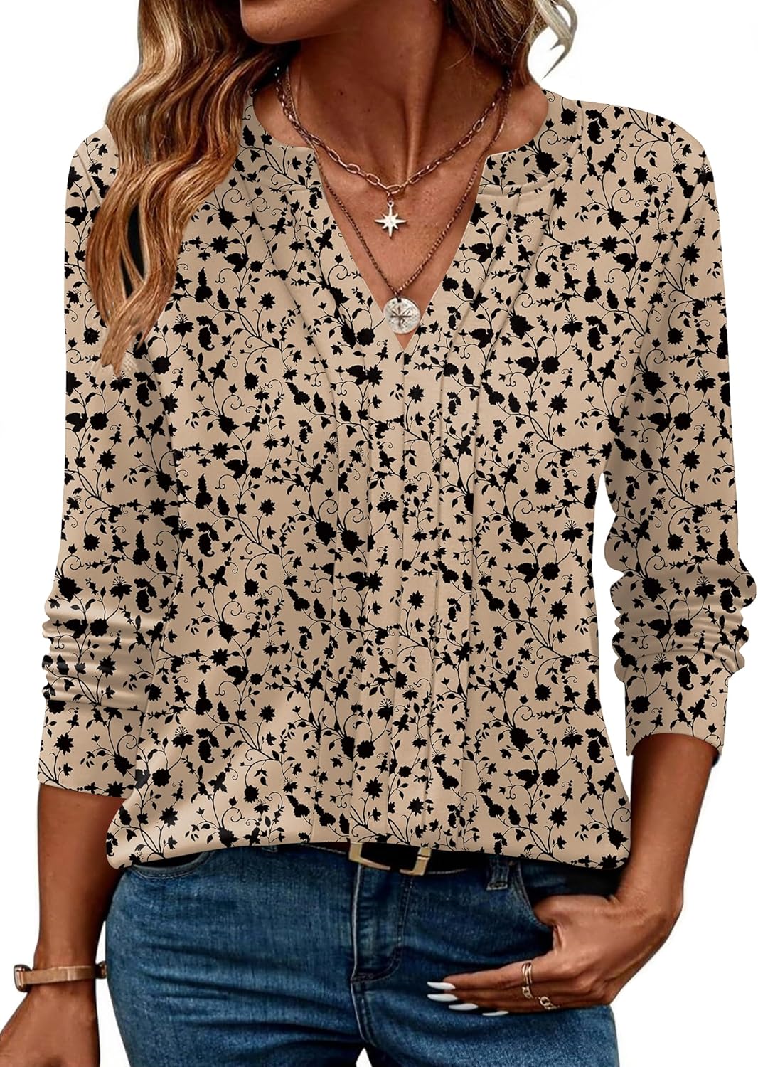 Zeagoo Womens Long Sleeve Tops Henley V Neck Shirts Pleated Blouses Dressy Casual Fall Loose Tunic Tops 2025 Basic Tees