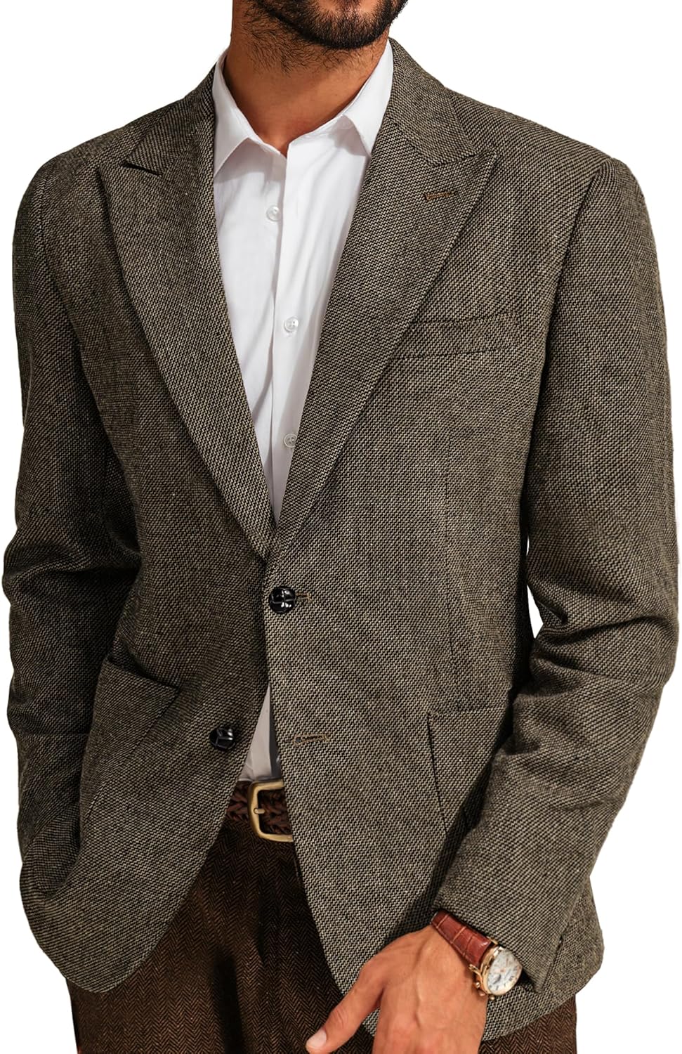 PJ PAUL JONES Mens Herringbone Tweed Sport Coat Vintage Wool Blend Two Button Blazer Jacket with Pockets