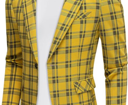 Mens Blazer Plaid Sport Coats One Button Casual Slim Fit Checked Jacket