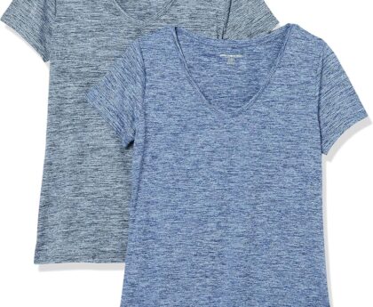 Amazon Essentials Women’s Active Quick Dry Tech Stretch Short-Sleeve V-Neck T-Shirt (Available in Plus Size), Pack of 2