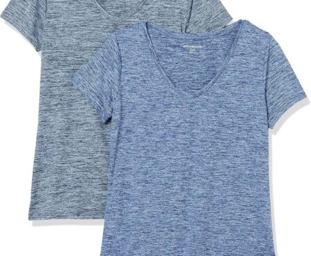 Amazon Essentials Women’s Active Quick Dry Tech Stretch Short-Sleeve V-Neck T-Shirt (Available in Plus Size), Pack of 2