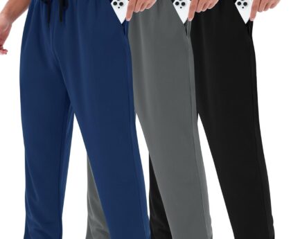 3 Pack Mens Sweatpants with Pockets – Mesh Open Bottom Athletic Joggers for Men Loose Fit Gym Workout Running Casual Pants