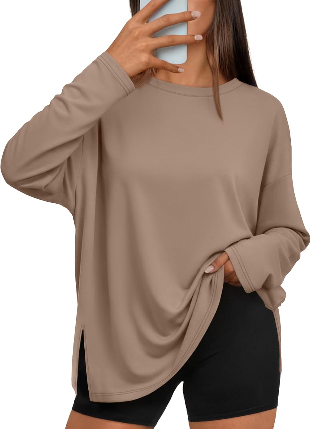 Trendy Queen Oversized Side Slit Tshirts for Women Long Sleeve Workout Tops Fall Fashion Gym Casual Tees Basic Y2K Clothes