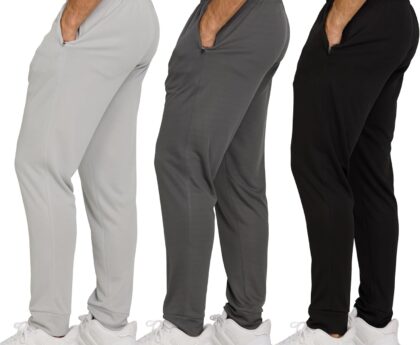 PURE CHAMP Men’s 3 Pack Mesh Joggers with Zipper Pockets, Athletic Pants for Men – Moisture-Wicking Gym Sweatpants Men