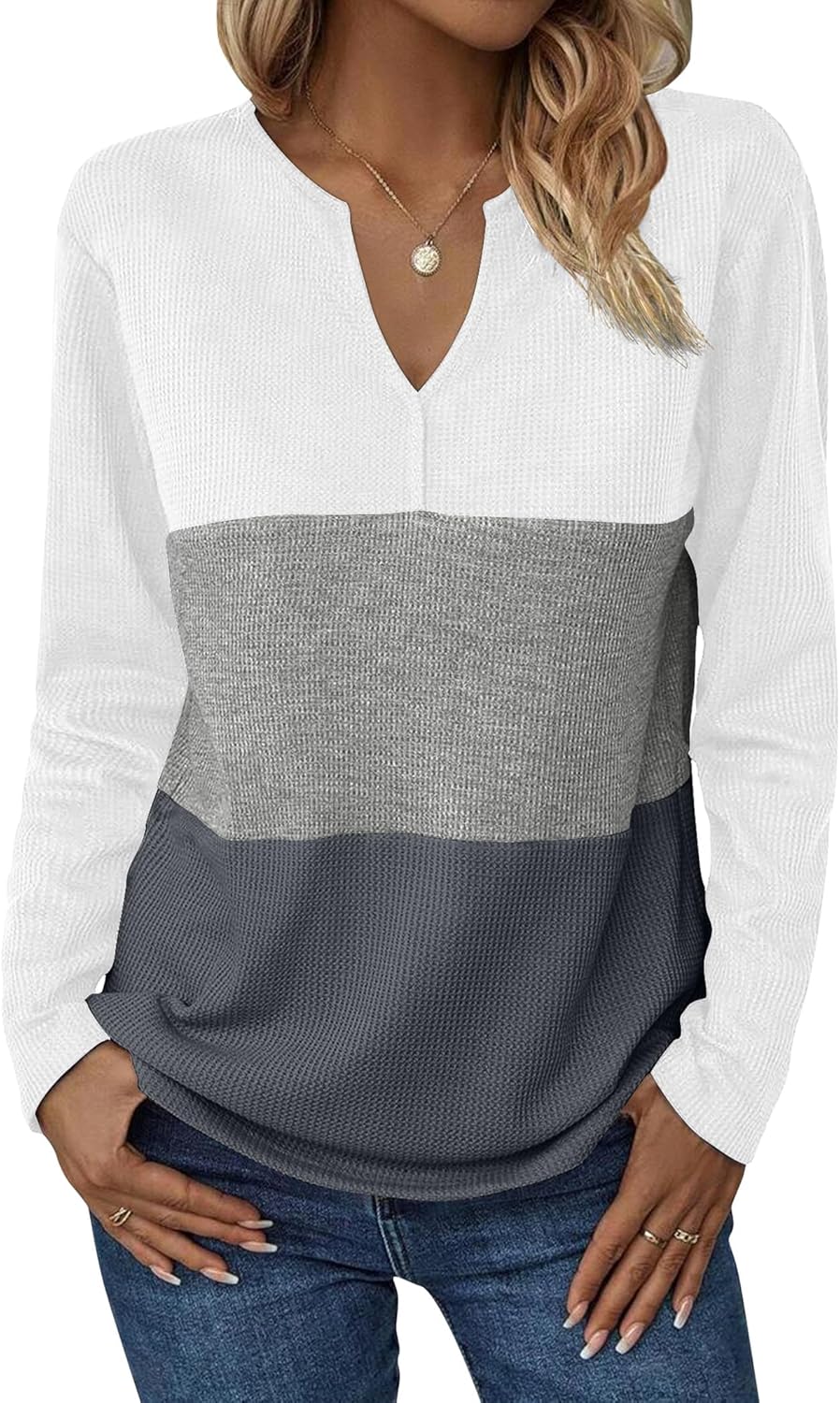 Zeagoo Women’s Waffle Shirts V Neck Long Sleeve Tops Color Block T-Shirts Casual Pullover Tunics 2025 Fashion Basic Tees