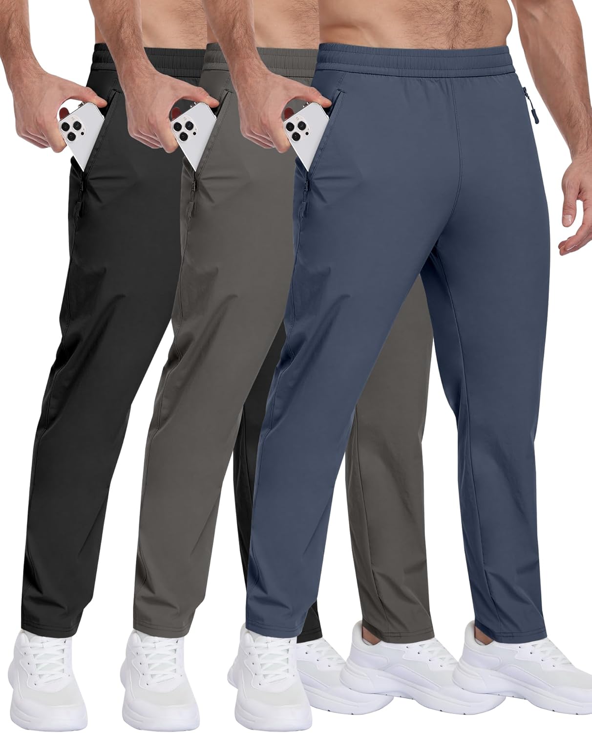 3 Pack Mens Athletic Hiking Pants with Zipper Pockets,Water Resistant Quick-Dry Lightweight Outdoor Sweatpants