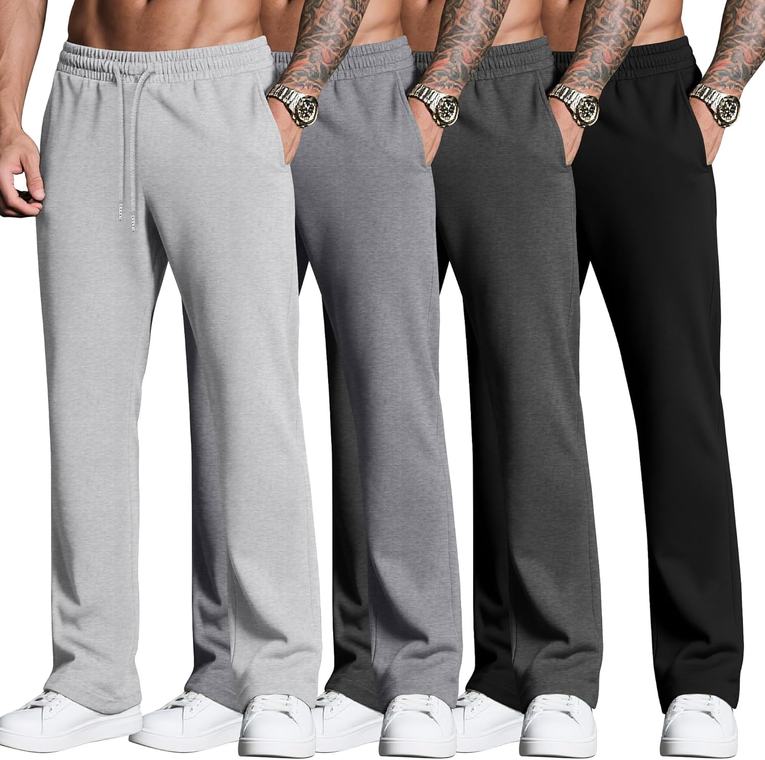 Neer 4 Pack Men’s Sweatpants Joggers with Pockets Open Bottom Gym Athletic Pants Baggy Workout Casual Running Clothing