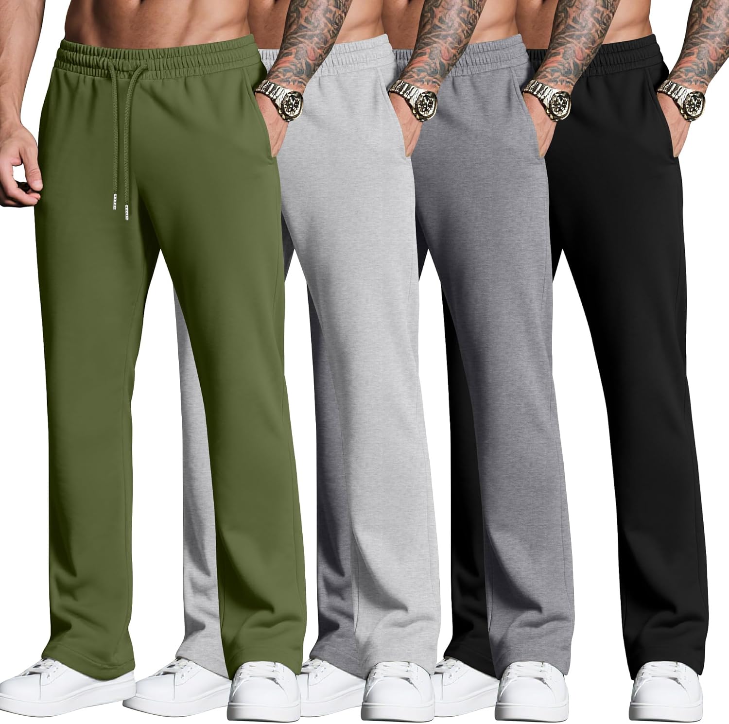 Neer 4 Pack Men’s Sweatpants Joggers with Pockets Open Bottom Gym Athletic Pants Baggy Workout Casual Running Clothing