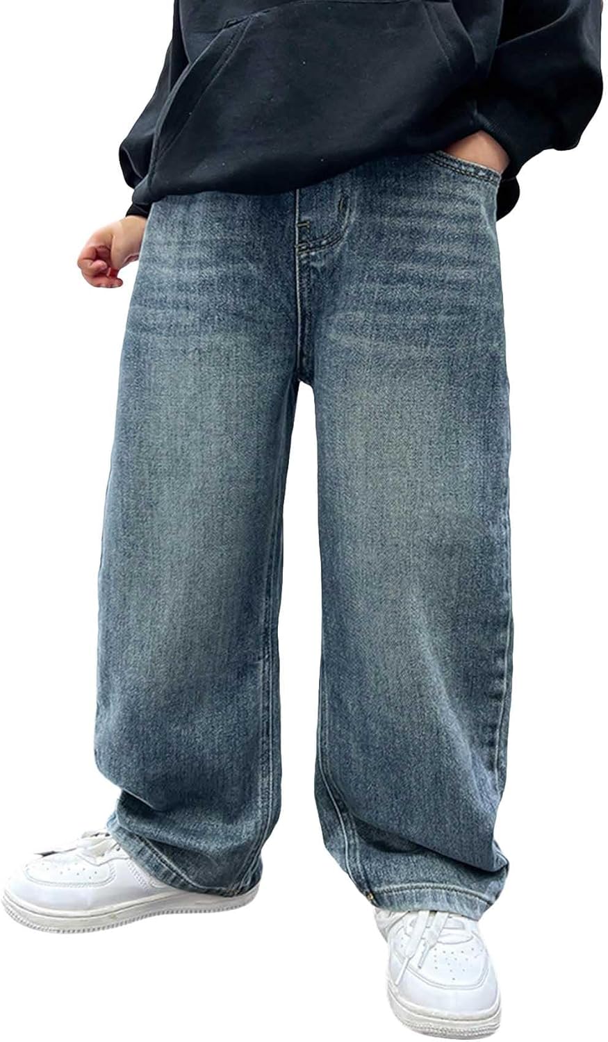 Verdusa Boys Jeans Baggy Straight Leg Elastic Waist Loose Denim Pants with Pockets