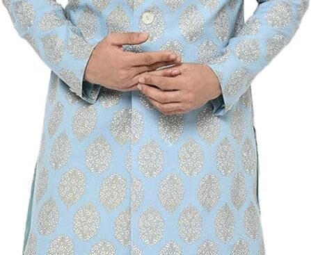 KISAH Men’s Printed Sherwani Kurta & Pajama Set – Regular Fit, Mandarin Collar| Ethnic Wear Mens Wear, Blue, 42
