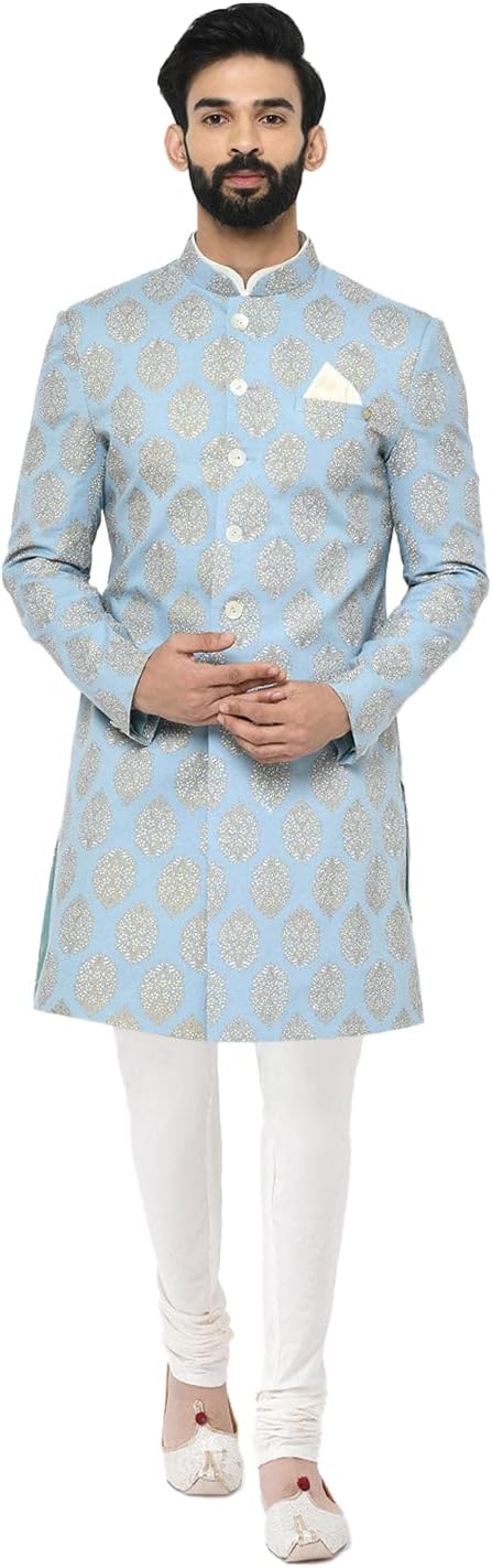 KISAH Men’s Printed Sherwani Kurta & Pajama Set – Regular Fit, Mandarin Collar| Ethnic Wear Mens Wear, Blue, 42